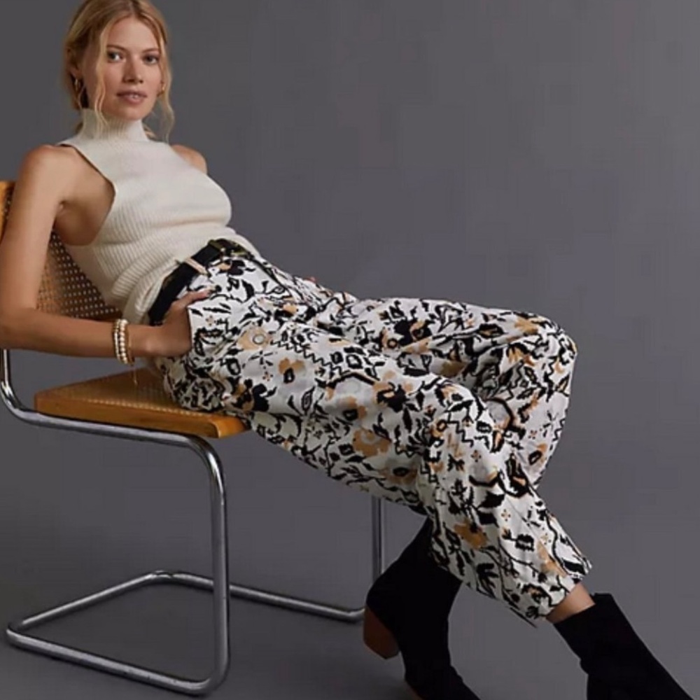 Anthropologie Wide-Leg Printed Pants in White, Black & Tan